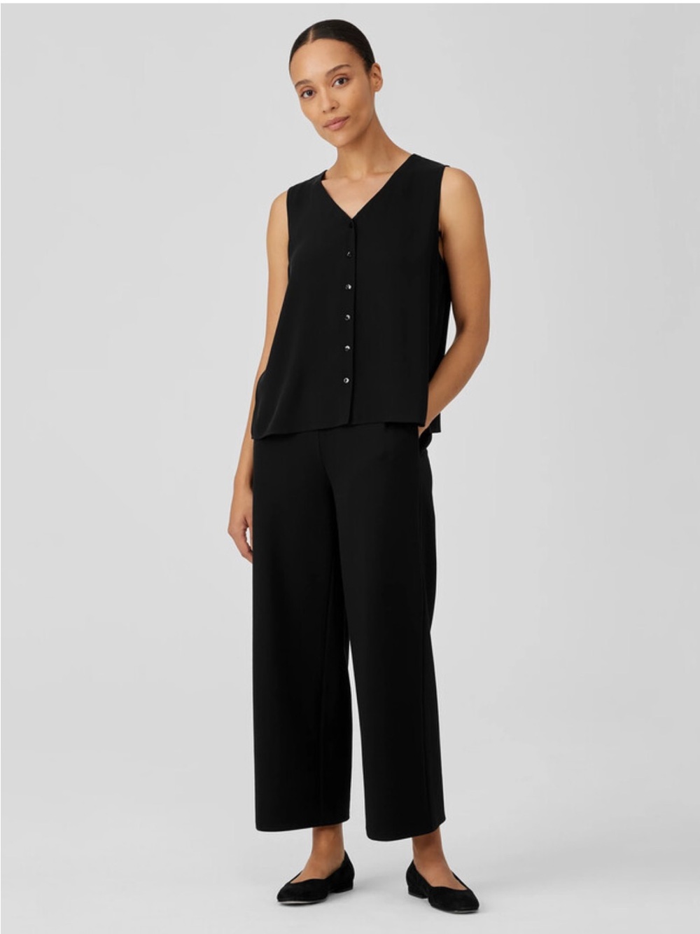NEW Eileen Fisher Silk Georgette Crepe V-Neck Top in Black, Size XL